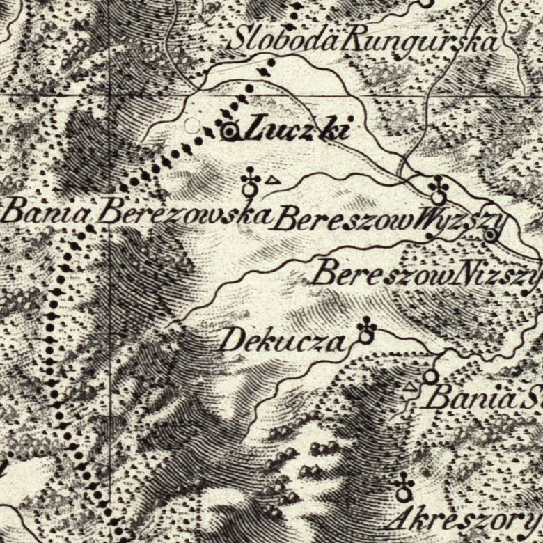 Berezow Wyzszy, Berezow Niszy and Bania Berezowska villages on 1855 Austro-Hungarian map
